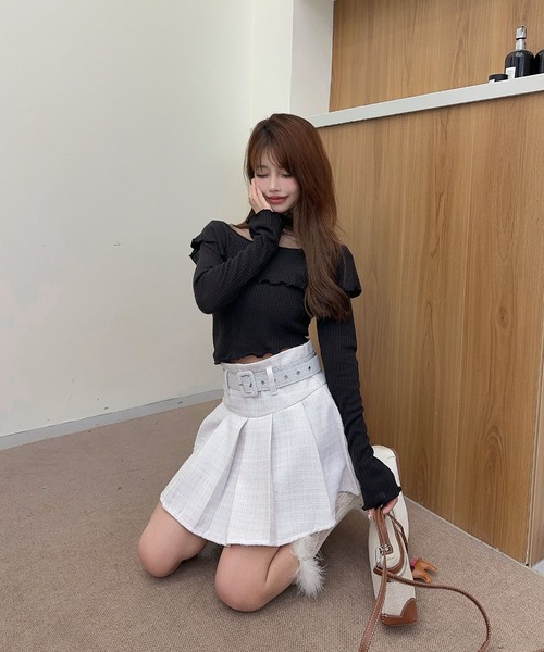 Jasmine Grandiflorum(ジャスミングランディフローラム)の「【Jasmine】ツイードプリーツミニスカート ベルト付き(スカート・レディース・ブラック/ホワイト・LARGE/MEDIUM)」の9枚目の写真