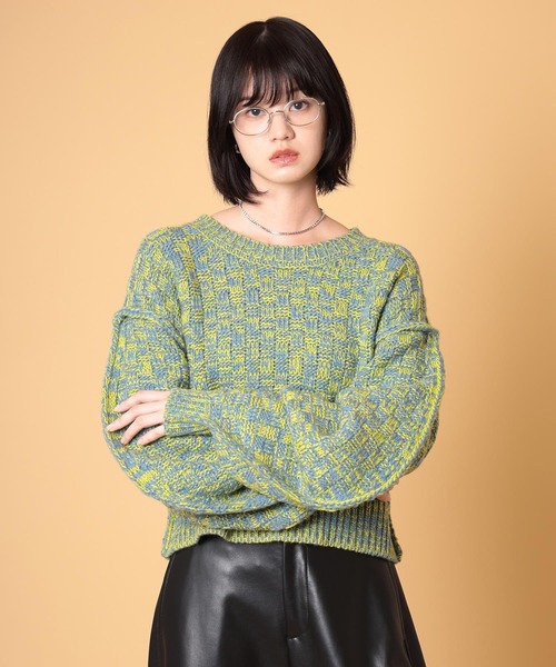 ニット　パウバート風　ディズニー　緑　セーター セール】ミックスニットプルオーバー 秋服・冬服（ニット/セーター