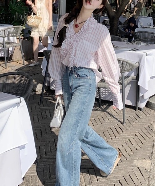 gossip!ロサンゼルス(ゴシップロサンゼルス)の「デコルテフリルデザイン ストライプシャツ(シャツ/ブラウス・レディース・ピンク・S/M)」の5枚目の写真