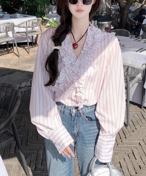 gossip!ロサンゼルス(ゴシップロサンゼルス)の「デコルテフリルデザイン ストライプシャツ(シャツ/ブラウス・レディース・ピンク・S/M)」の9枚目の写真