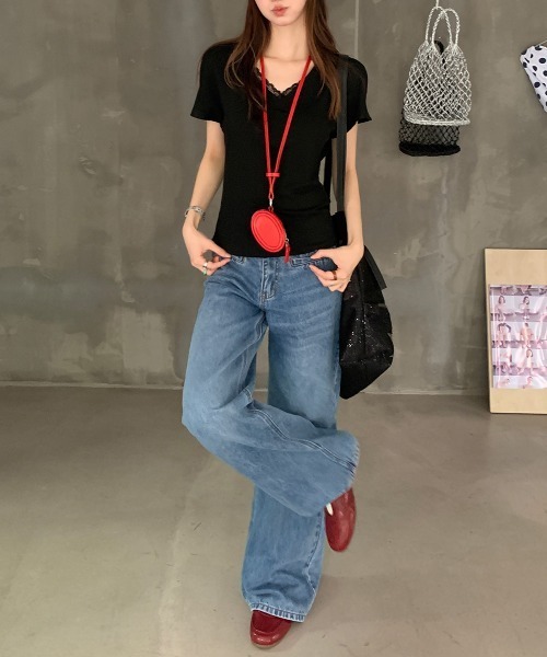Miniministore(ミニミニストア)の「VネックTシャツ春夏 半袖トップス韓国風(Tシャツ/カットソー・レディース・ホワイト/ブラック・FREE)」の14枚目の写真
