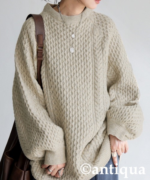 antiqua(アンティカ)の「ケーブル編みニット(ニット/セーター・レディース・ブラック/グリーン/ベージュ・ONESIZE)」の3枚目の写真