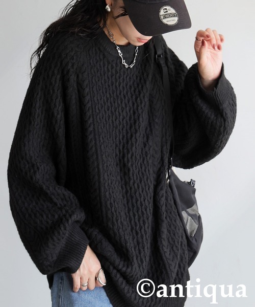 antiqua(アンティカ)の「ケーブル編みニット(ニット/セーター・レディース・ブラック/グリーン/ベージュ・ONESIZE)」の2枚目の写真