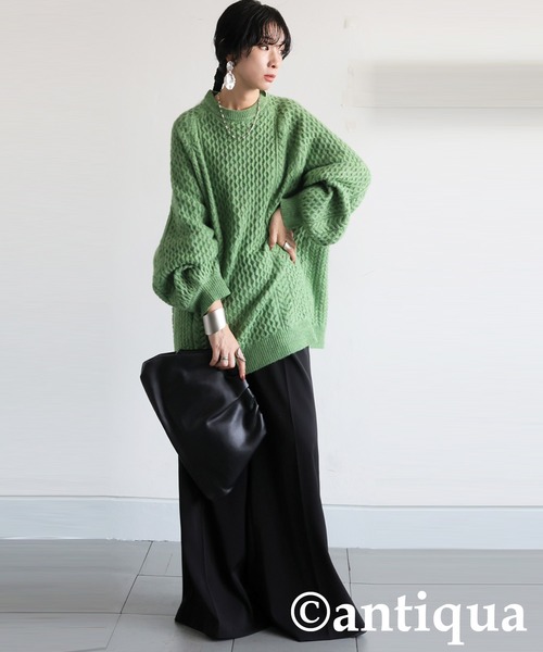 antiqua(アンティカ)の「ケーブル編みニット(ニット/セーター・レディース・ブラック/グリーン/ベージュ・ONESIZE)」の7枚目の写真