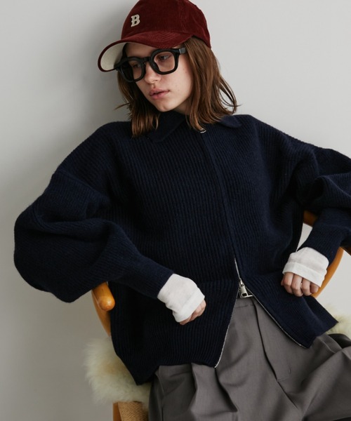 Auntie Rosa Holiday（アンティローザホリデー）の「ポロジップリブニットカーディガン/ブルゾン（カーディガン/ボレロ・レディース・アイボリー/ネイビー・FREE）」の2枚目の写真