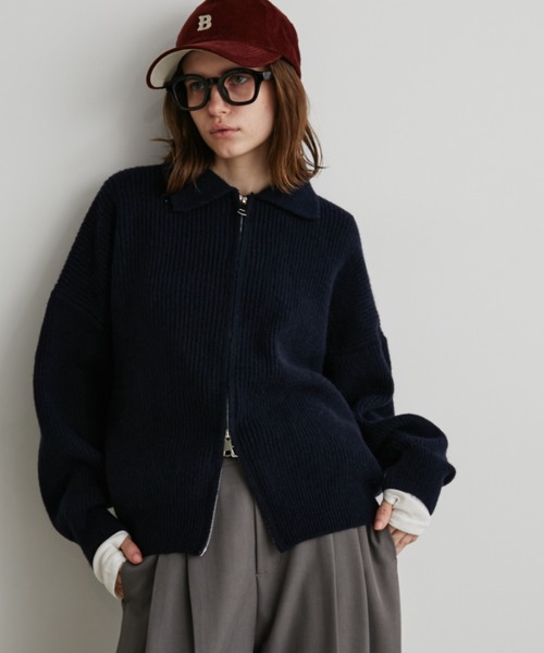 ポロジップリブニットカーディガン/ブルゾン（カーディガン/ボレロ