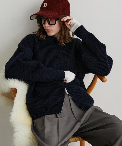 Auntie Rosa Holiday（アンティローザホリデー）の「ポロジップリブニットカーディガン/ブルゾン（カーディガン/ボレロ・レディース・アイボリー/ネイビー・FREE）」の5枚目の写真