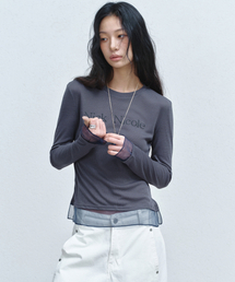 NICOLE SHEER LAYERED LOGO SLEEVE TOP_NAVY