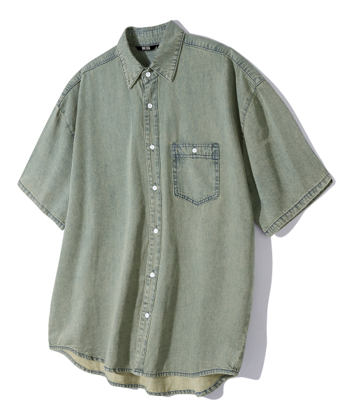TRILLION(トリリオン)の「ストーンウォッシングオーバーフィットデニム半袖シャツ(BEIGE BLUE)(シャツ/ブラウス・レディース・その他・MEDIUM/LARGE/X-LARGE)」の1枚目の写真