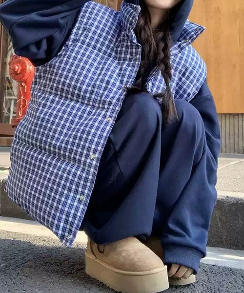 meJane（ミージェーン）の「オーバーチェック柄 キルティングベスト（ダウンベスト・レディース・ブルー系・FREE）」の2枚目の写真