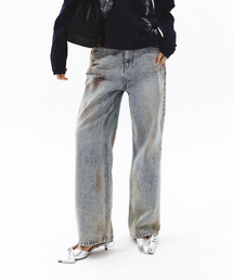 BULLET DAMAGED DENIM PANTS WASHED BLUE
