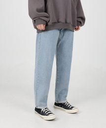 あたたかい起毛配色裾ストレートデニムパンツ