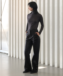 Faux Leather Side Slit Button Elastic Fleece-Lined Bootcut Pants Black