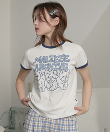 WaiKei | マルチーズアーカイブライングラフィックリンガー半袖Tシャツアイボリー(Tシャツ/カットソー)