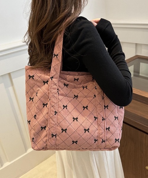 VIBGYOR(ヴィブジョー)の「urbanfemine./リボンコーデュロイ 大容量トートバッグ U7592(トートバッグ・レディース・グレー/ブルー/ホワイト/ピンク・FREE)」の9枚目の写真