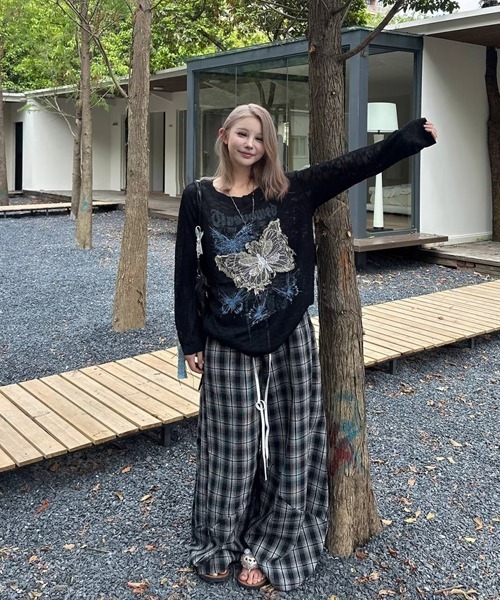 Ressaca(レサーカ)の「ワイドシルエットダブルウエストチェック柄パンツ(その他パンツ・レディース・ブラック・M/L)」の5枚目の写真