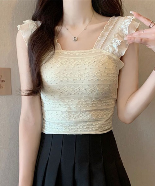 Lace Ladies(レースレディース)の「フリル ショルダー レース カップ付き タンクトップ(タンクトップ・レディース・ベージュ/ピンク/ホワイト/ブラック・FREE)」の3枚目の写真