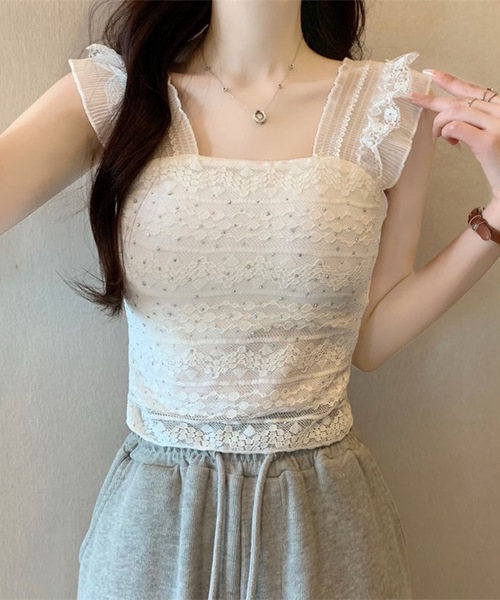 Lace Ladies(レースレディース)の「フリル ショルダー レース カップ付き タンクトップ(タンクトップ・レディース・ベージュ/ピンク/ホワイト/ブラック・FREE)」の2枚目の写真