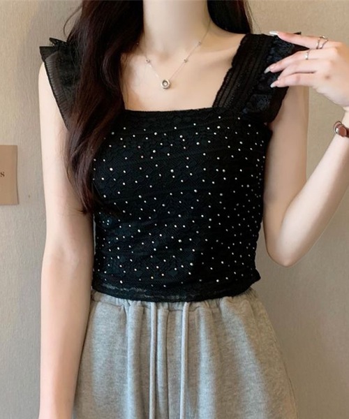 Lace Ladies(レースレディース)の「フリル ショルダー レース カップ付き タンクトップ(タンクトップ・レディース・ベージュ/ピンク/ホワイト/ブラック・FREE)」の1枚目の写真