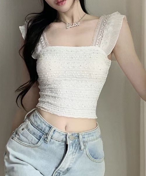 Lace Ladies(レースレディース)の「フリル ショルダー レース カップ付き タンクトップ(タンクトップ・レディース・ベージュ/ピンク/ホワイト/ブラック・FREE)」の15枚目の写真