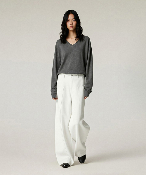 BUTTON SEOUL（ボタンソウル）の「[ウィメンズ] ストレートポケットステッチワイドカーブコットンパンツ (2 COLORS)（デニムパンツ・レディース・ホワイト/ブラウン・MEDIUM/LARGE/SMALL）」の4枚目の写真
