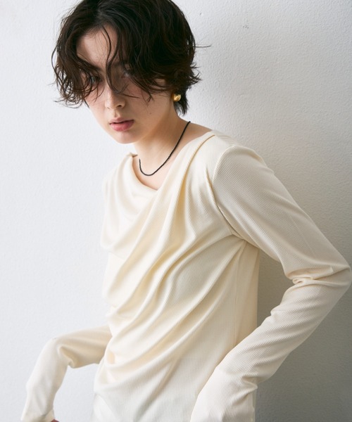 Trish(トリッシュ)の「テレコドレープロンT(Tシャツ/カットソー・レディース・ブラック/アイボリー/グレー・MEDIUM)」の6枚目の写真