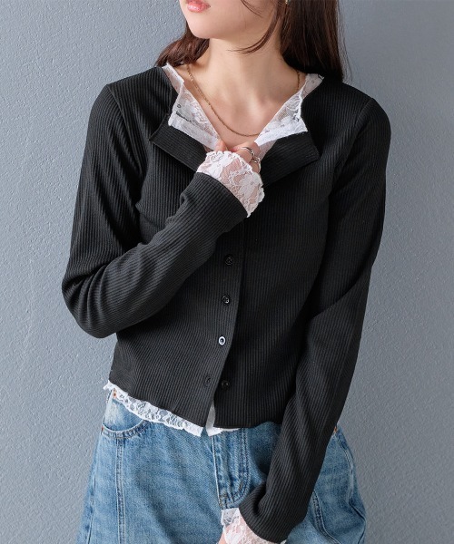 Rejoule(リジュール)の「リブ×レース レイヤード風リブトップス(Tシャツ/カットソー・レディース・ブラック/アイボリー/ライトグレー・FREE)」の3枚目の写真