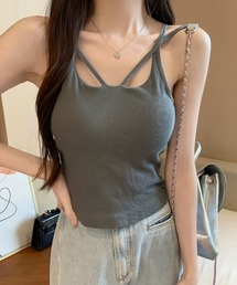 カップ付きキャミソール クロスストラップリブカップ付きキャミソール きれいめカジュアル レディース韓国風
