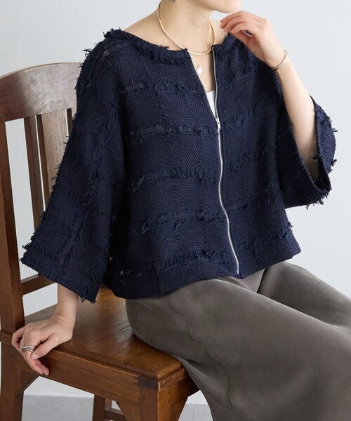 BEARDSLEY（ビアズリー）の「チェックフリンジプルオーバー（シャツ/ブラウス・レディース・ホワイト/ネイビー・FREE）」の2枚目の写真