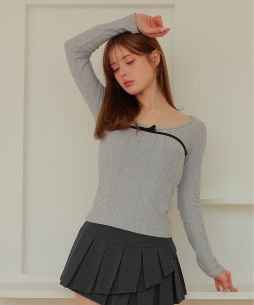 M DOLLY(エムドリー)の「ribbon fata knit tops/リボンファタニットトップス(ニット/セーター・レディース・グレー/ホワイト・FREE)」の13枚目の写真