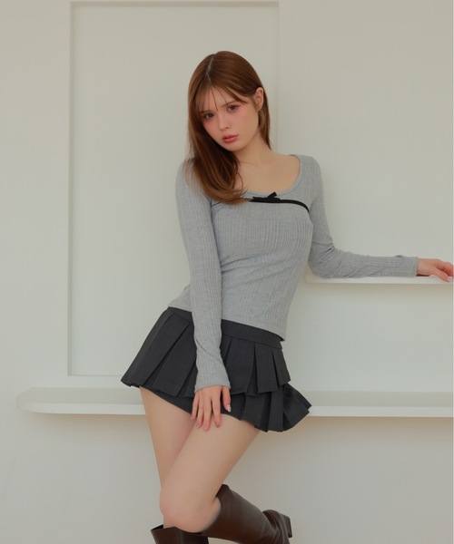 M DOLLY(エムドリー)の「ribbon fata knit tops/リボンファタニットトップス(ニット/セーター・レディース・グレー/ホワイト・FREE)」の14枚目の写真