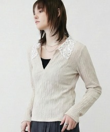 MONOe（モノエ）の「【主役級トップス】襟レース配色ジャガードトップス（Tシャツ/カットソー）」