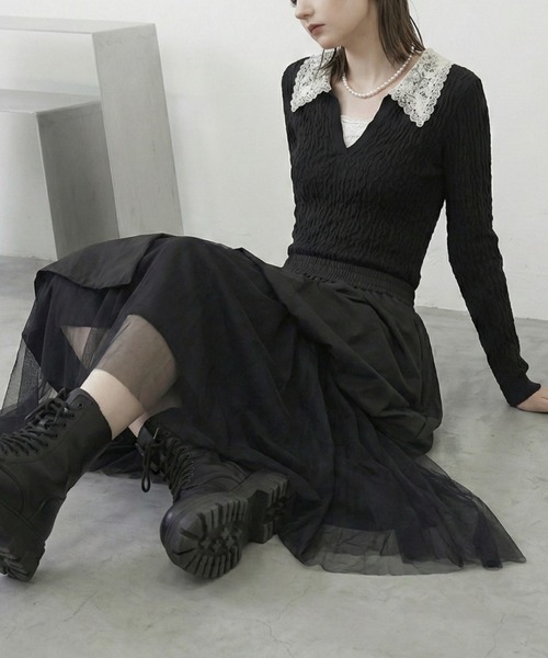 MONOe(モノエ)の「【主役級トップス】襟レース配色ジャガードトップス(Tシャツ/カットソー・レディース・ブラック/ベージュ・FREE)」の8枚目の写真