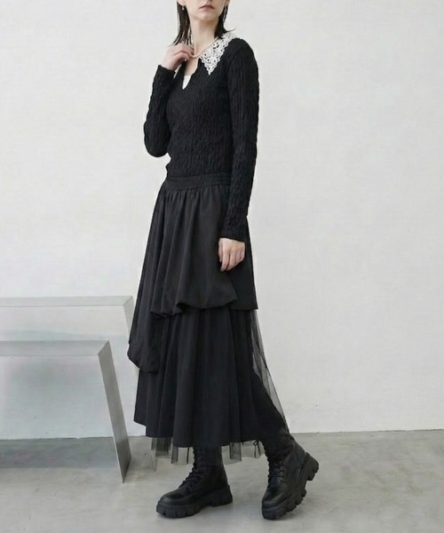 MONOe(モノエ)の「【主役級トップス】襟レース配色ジャガードトップス(Tシャツ/カットソー・レディース・ブラック/ベージュ・FREE)」の9枚目の写真