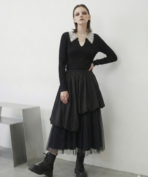MONOe(モノエ)の「【主役級トップス】襟レース配色ジャガードトップス(Tシャツ/カットソー・レディース・ブラック/ベージュ・FREE)」の12枚目の写真