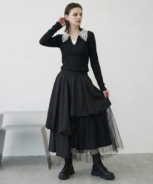 MONOe(モノエ)の「【主役級トップス】襟レース配色ジャガードトップス(Tシャツ/カットソー・レディース・ブラック/ベージュ・FREE)」の11枚目の写真