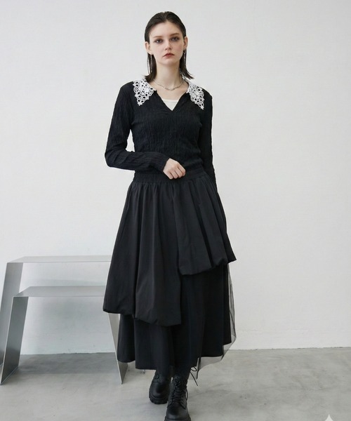 MONOe(モノエ)の「【主役級トップス】襟レース配色ジャガードトップス(Tシャツ/カットソー・レディース・ブラック/ベージュ・FREE)」の10枚目の写真