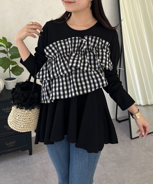 prose verse（プロズヴェール）の「ギンガムフリルペプラムロンT（Tシャツ/カットソー・レディース・ブラック/オフホワイト・MEDIUM/LARGE）」の2枚目の写真