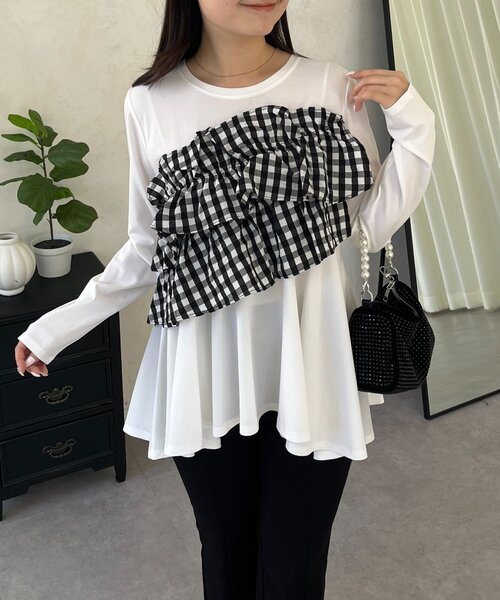 prose verse（プロズヴェール）の「ギンガムフリルペプラムロンT（Tシャツ/カットソー・レディース・ブラック/オフホワイト・MEDIUM/LARGE）」の22枚目の写真