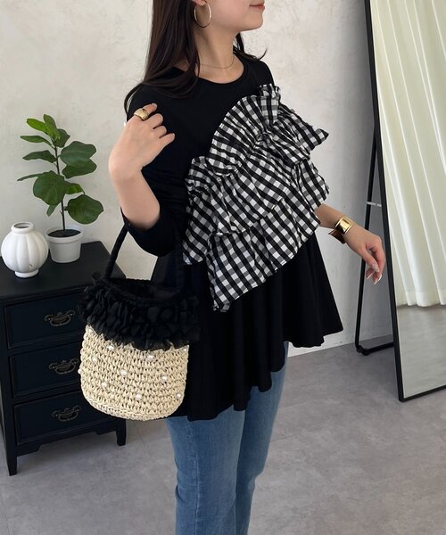 prose verse（プロズヴェール）の「ギンガムフリルペプラムロンT（Tシャツ/カットソー・レディース・ブラック/オフホワイト・MEDIUM/LARGE）」の5枚目の写真