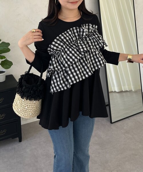 prose verse（プロズヴェール）の「ギンガムフリルペプラムロンT（Tシャツ/カットソー・レディース・ブラック/オフホワイト・MEDIUM/LARGE）」の7枚目の写真