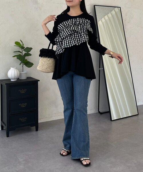 prose verse（プロズヴェール）の「ギンガムフリルペプラムロンT（Tシャツ/カットソー・レディース・ブラック/オフホワイト・MEDIUM/LARGE）」の9枚目の写真