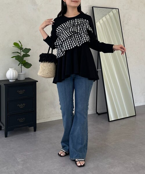 prose verse（プロズヴェール）の「ギンガムフリルペプラムロンT（Tシャツ/カットソー・レディース・ブラック/オフホワイト・MEDIUM/LARGE）」の10枚目の写真