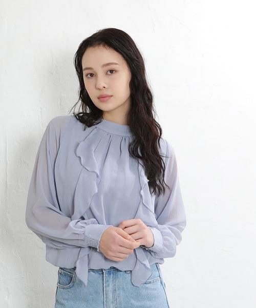 ASTORIA ODIER(アストリアオディール)の「ラッフルフリルブラウス(シャツ/ブラウス・レディース・ホワイト/ホワイト×ブラック/ブラック/グレイッシュブルー・MEDIUM)」の15枚目の写真