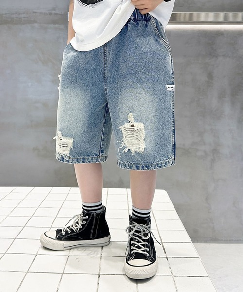 aimoha(アイモハ)の「【aimoha-KIDS-】ダメージデニムハーフパンツ (SS)(デニムパンツ・キッズ・ブルー・150/160/110/120/130/140)」の1枚目の写真