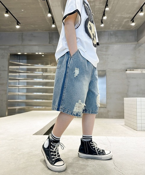 aimoha(アイモハ)の「【aimoha-KIDS-】ダメージデニムハーフパンツ (SS)(デニムパンツ・キッズ・ブルー・150/160/110/120/130/140)」の10枚目の写真