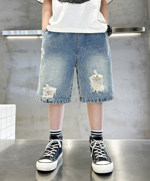 aimoha(アイモハ)の「【aimoha-KIDS-】ダメージデニムハーフパンツ (SS)(デニムパンツ・キッズ・ブルー・150/160/110/120/130/140)」の4枚目の写真