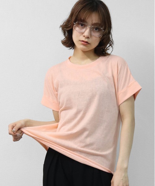 THE CELL.(ザセルドット)の「綿スラブ 袖ロールUP Tシャツ COTTON SLUB ROLL-UP T-SHIRT(Tシャツ/カットソー・レディース・ブラック/オフホワイト/ピンク・FREE)」の1枚目の写真