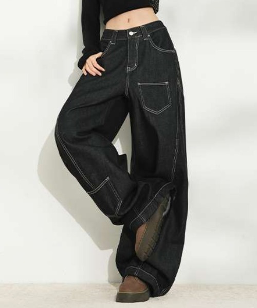 link lot(リンクロット)の「ステッチデザインストレートデニムパンツ(デニムパンツ・メンズ・ブラック/ホワイト・L/M)」の9枚目の写真