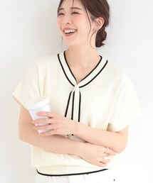 SHOO・LA・RUE | 【毎日洗える/ひんやり/UV/S-LL】 毛玉になりにくい配色ボウタイ半袖ニット(ニット/セーター)